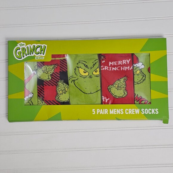 The Grinch Christmas Novelty Men's Crew Socks 5 Pack Size 10-13 NIP Read - Picture 2 of 9